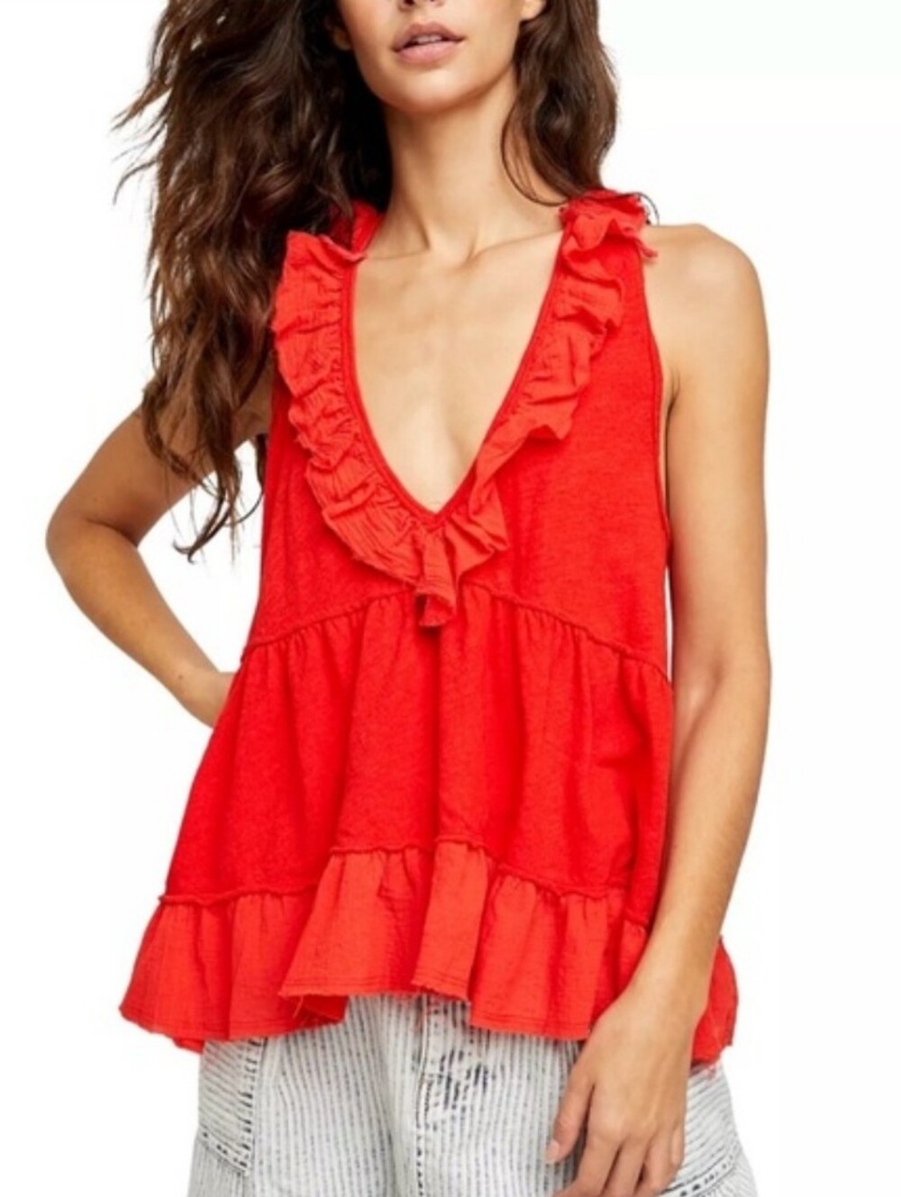 Free People Red Flowy Linen Cotton Tank Top Relaxed Distressed Ruffle Tiered XS